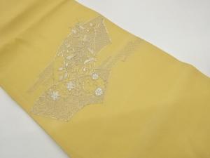 絽金駒刺繍地紙に草花・七宝・ヱ霞模様開き名古屋帯（額縁仕立て）